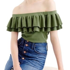 VINTAGE J CREW OLIVE GREEN RUFFLE OFF THE SHOULDER KNIT BLOUSE SWEATER TOP